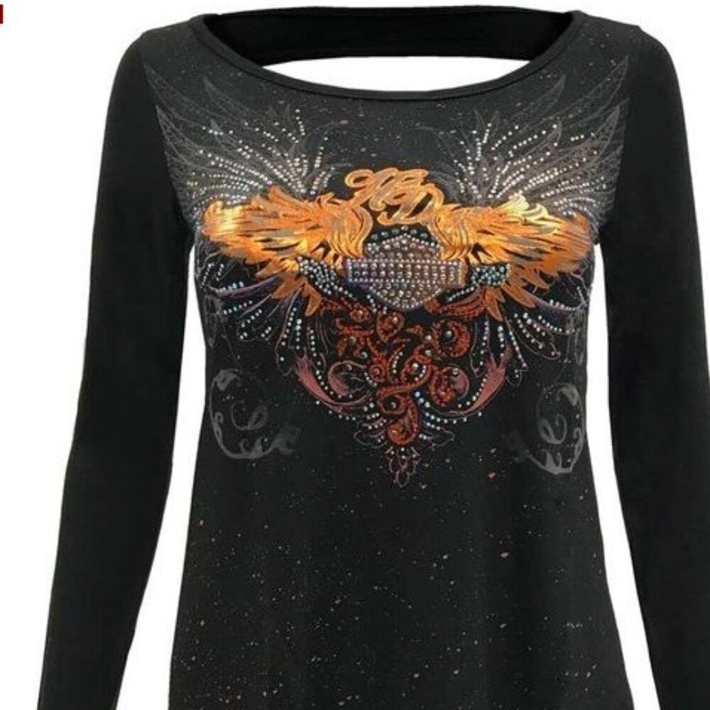 Harley-Davidson Women's Vinyl Wings Embellished Sheer Back Long Sleeve Top Sz S